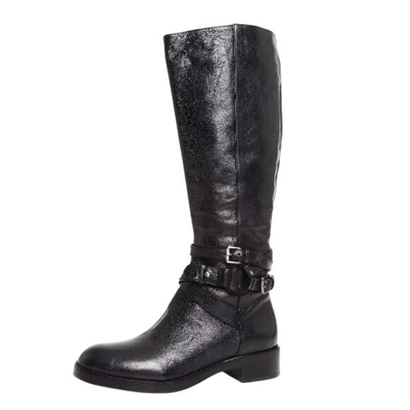 Via Spiga Ladies "Gabrielle" Black Leather Riding Boots w/ Buckles, Size 6.5 - Picture 1 of 4